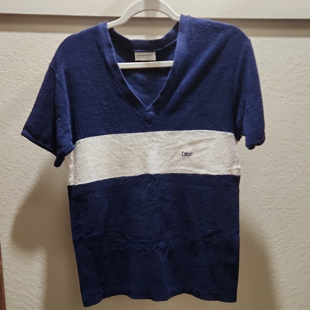 Dior - Vintage Navy and White V-Neck Terry cloth T-Shirt